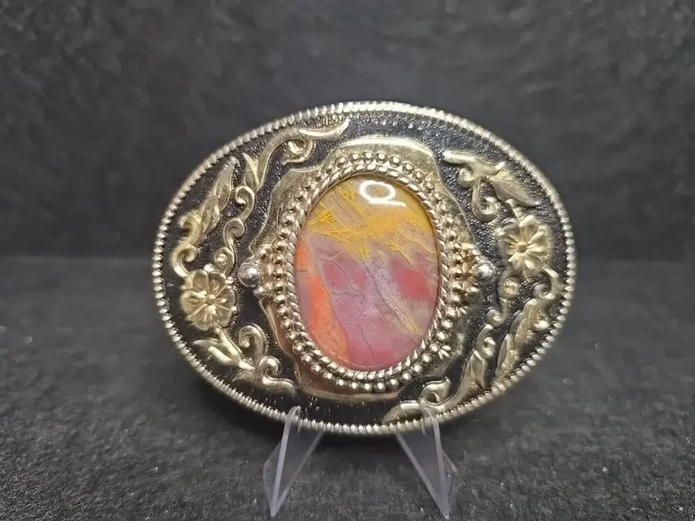 Western Style Oval Agate Stone In Gold Tone Setting Belt Buckle